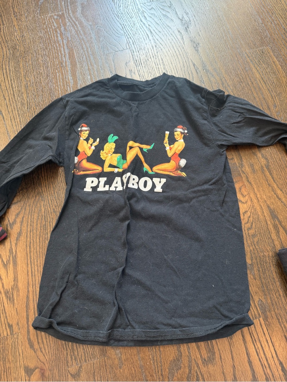 PLAYBOY Black Long-Sleeve Tee with Holiday Pin-Up Graphic